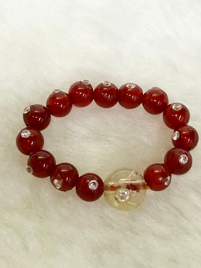 天然ダイヤモンド埋め込み　赤瑪瑙✖️ルチルクォーツ　リング14号