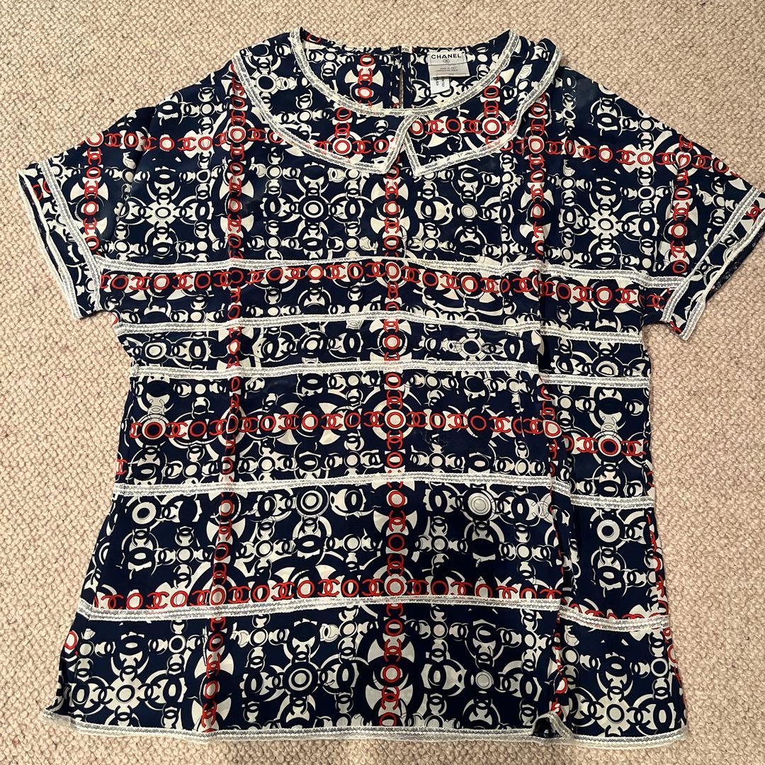 CHANEL 半袖シャツ ネイビー柄　42