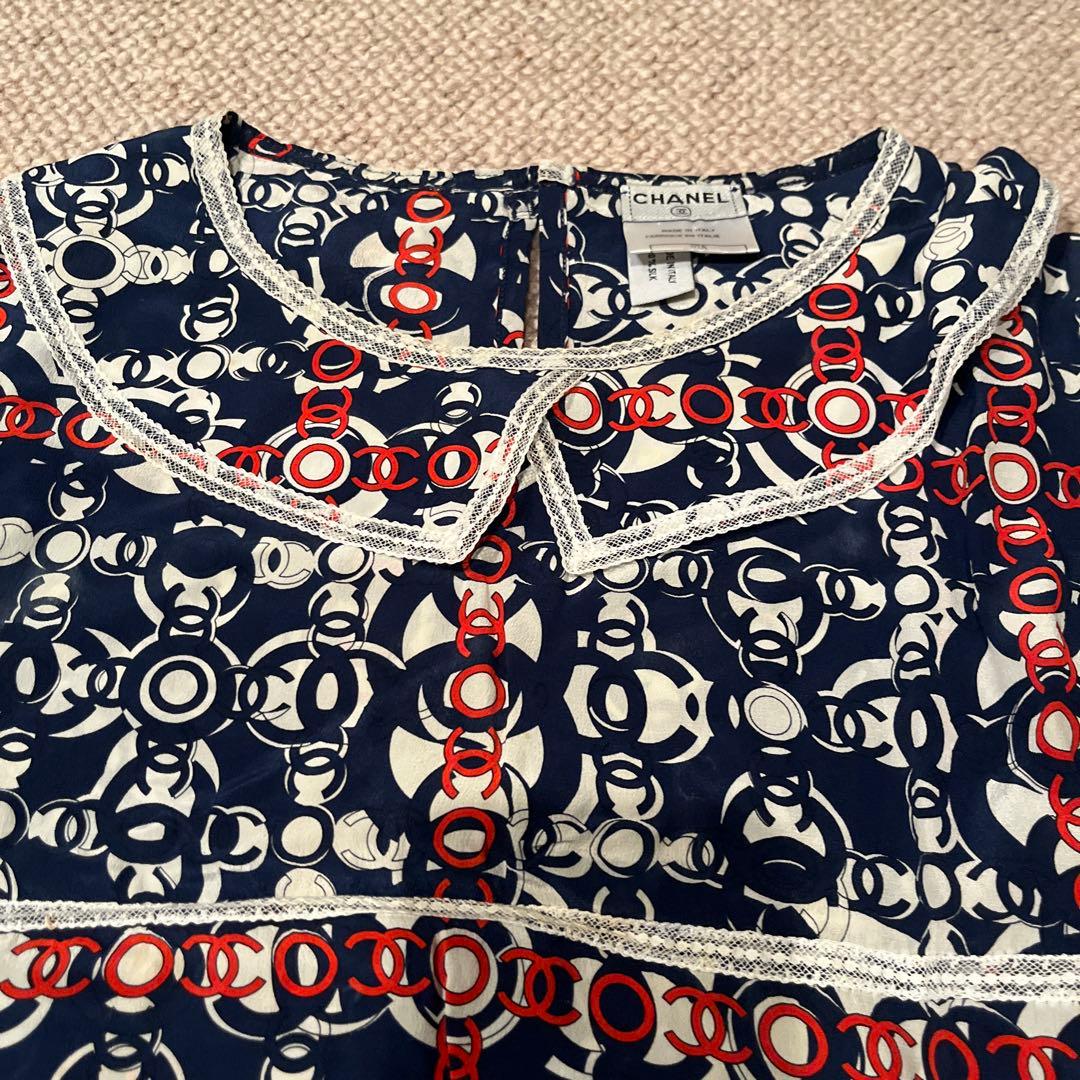 CHANEL 半袖シャツ ネイビー柄　42