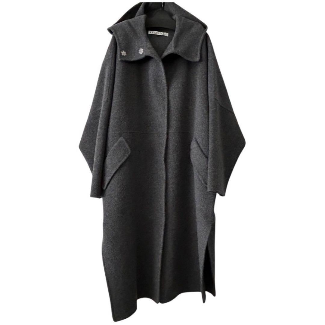 25AW♡【ルシェルブルー】フード付き ダブルフェイスロングコート グレー 36