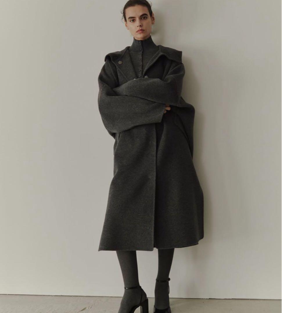 25AW♡【ルシェルブルー】フード付き ダブルフェイスロングコート グレー 36