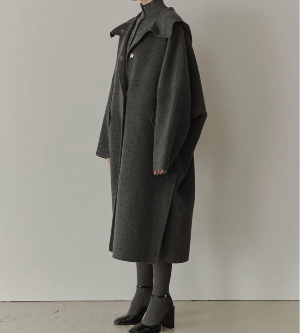 25AW♡【ルシェルブルー】フード付き ダブルフェイスロングコート グレー 36