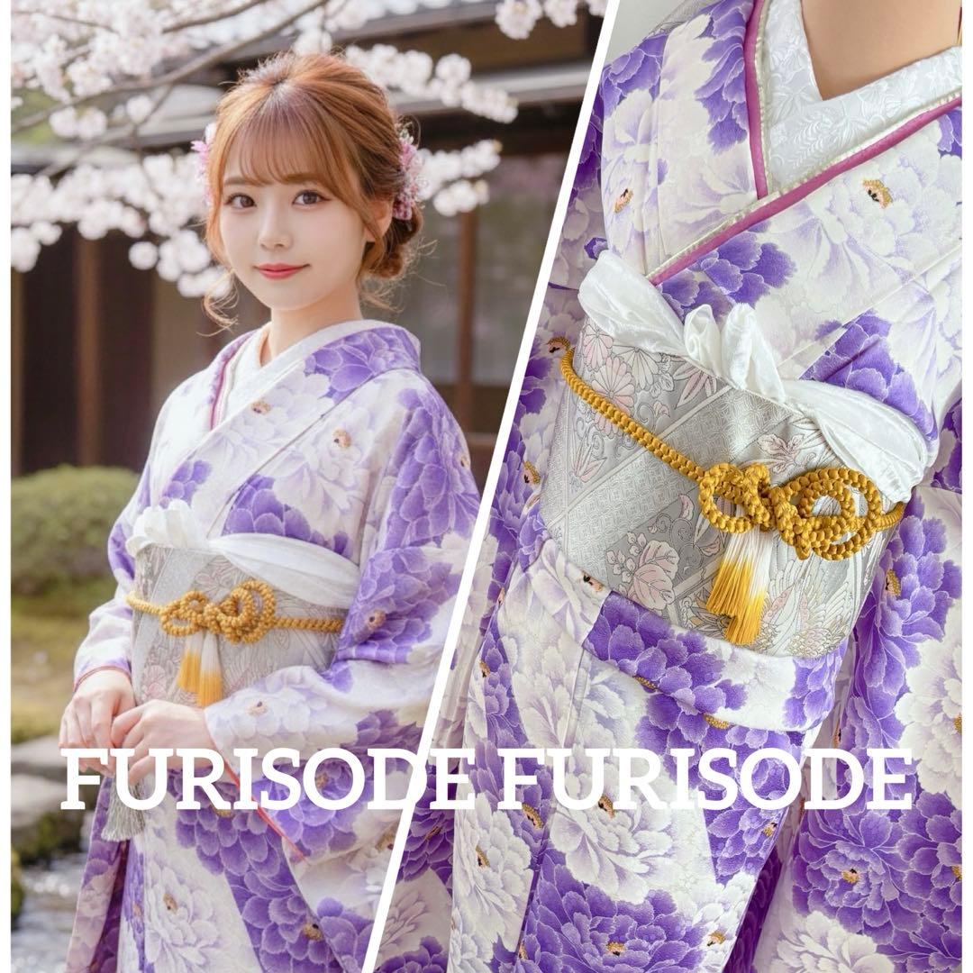 正絹振袖フルセット　牡丹　紫　淡い色　大輪花柄　成人式