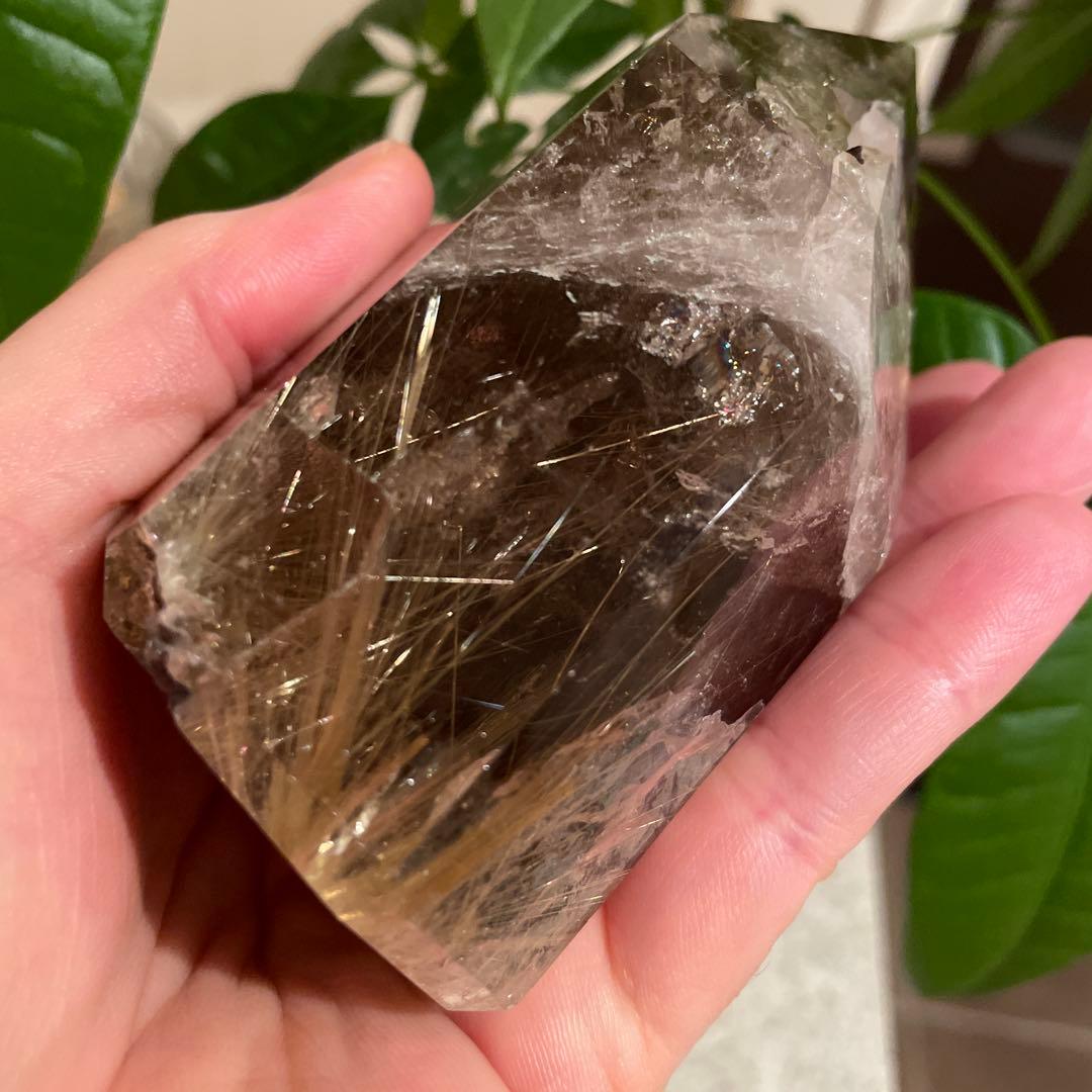 最終価格⭐︎スモーキークォーツ 原石 ゴールドタイチンルチル 虹入り 六角柱