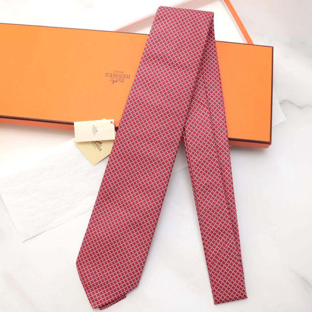 未使用 エルメス HERMES レッド チェック柄 ネクタイ