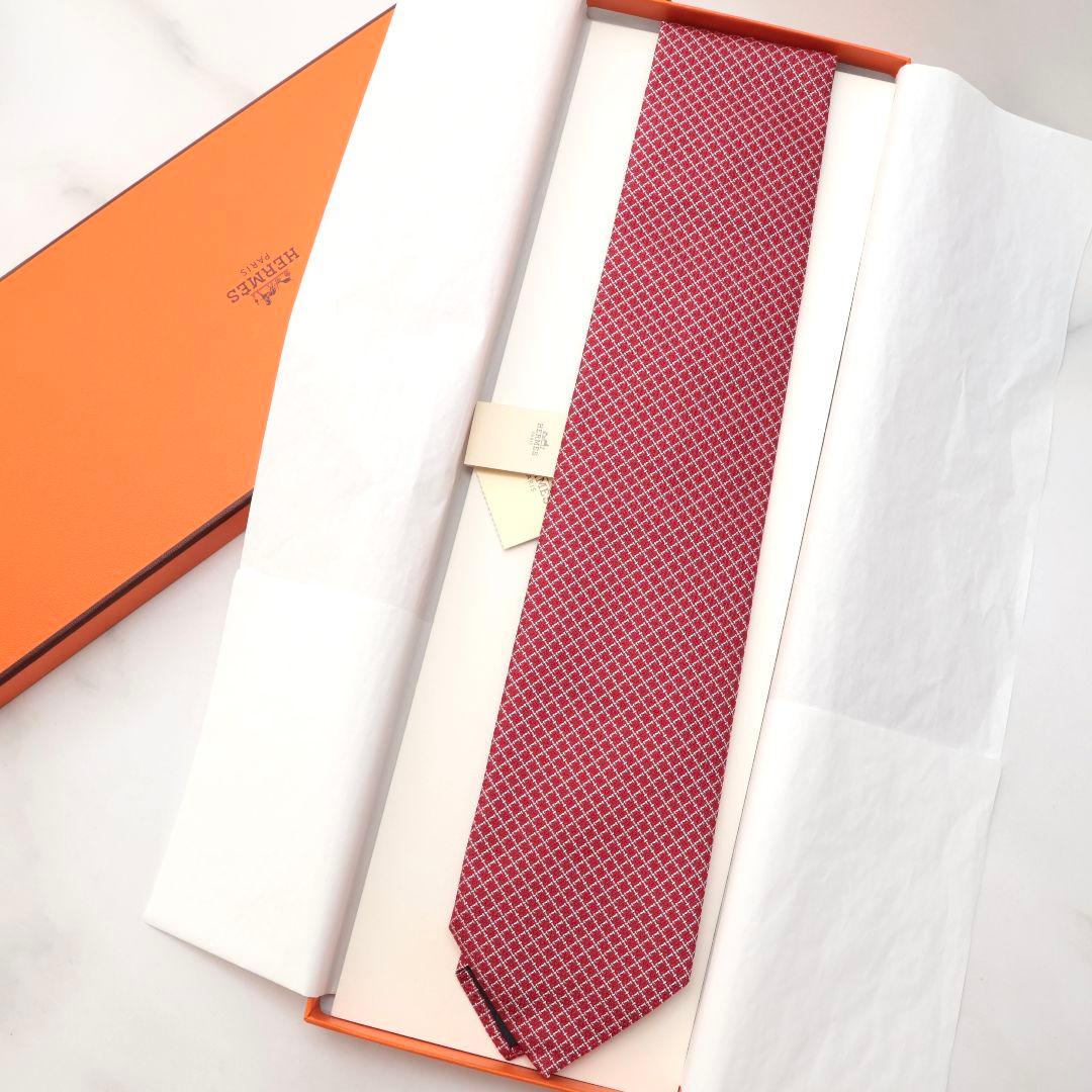 未使用 エルメス HERMES レッド チェック柄 ネクタイ