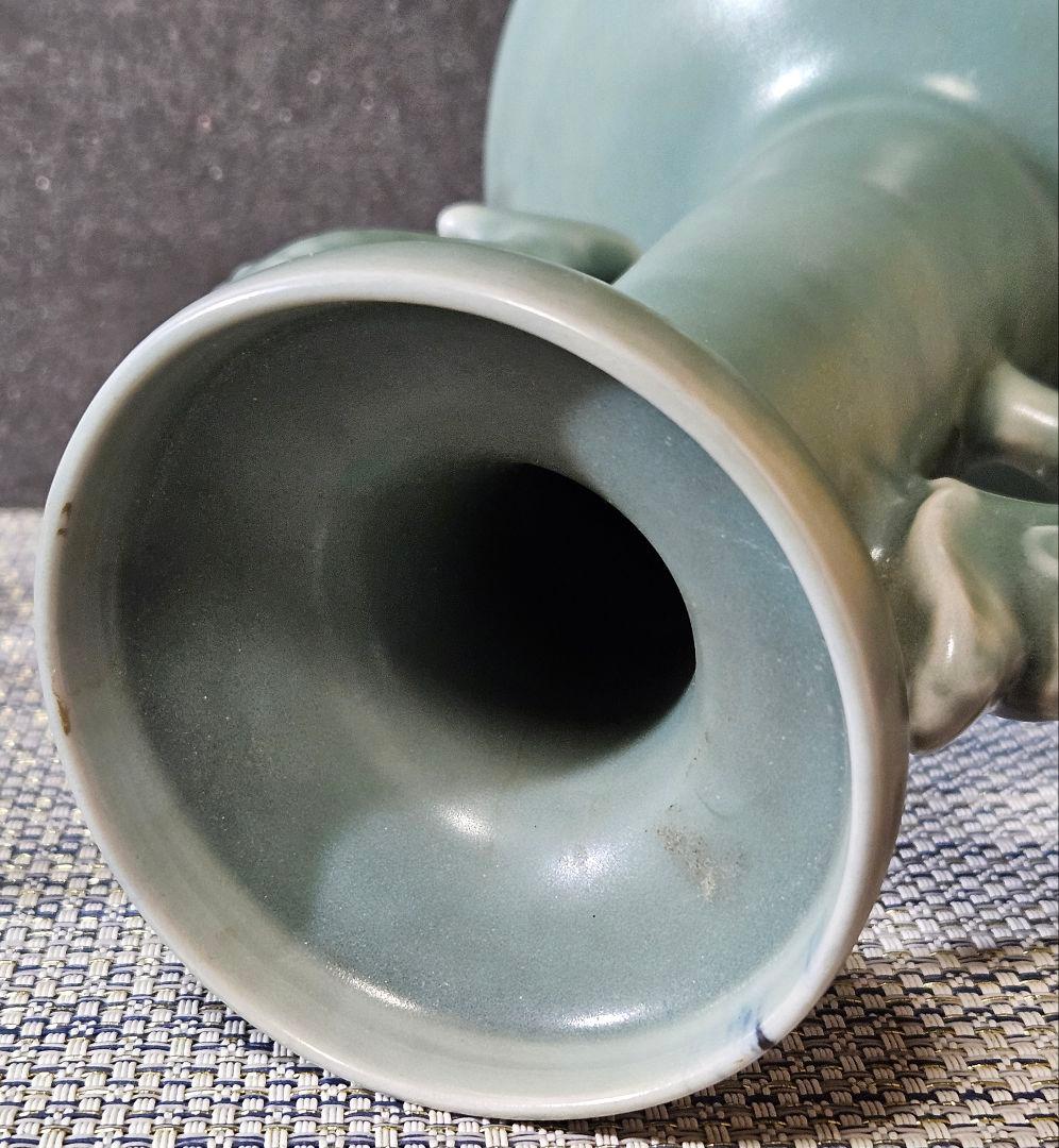 中国古美術　中国古陶磁器　鈞窯系　汝窯系　天青釉　双魚耳　大瓶　花入　オブジェ