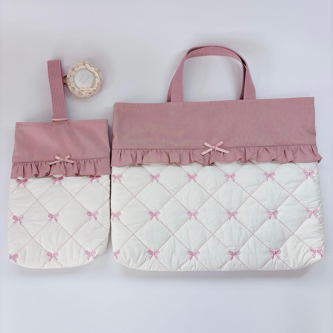 ヌビ　りぼん　刺繍生地　レッスンバッグ　上履き袋　体操着袋　キルティング　キルト