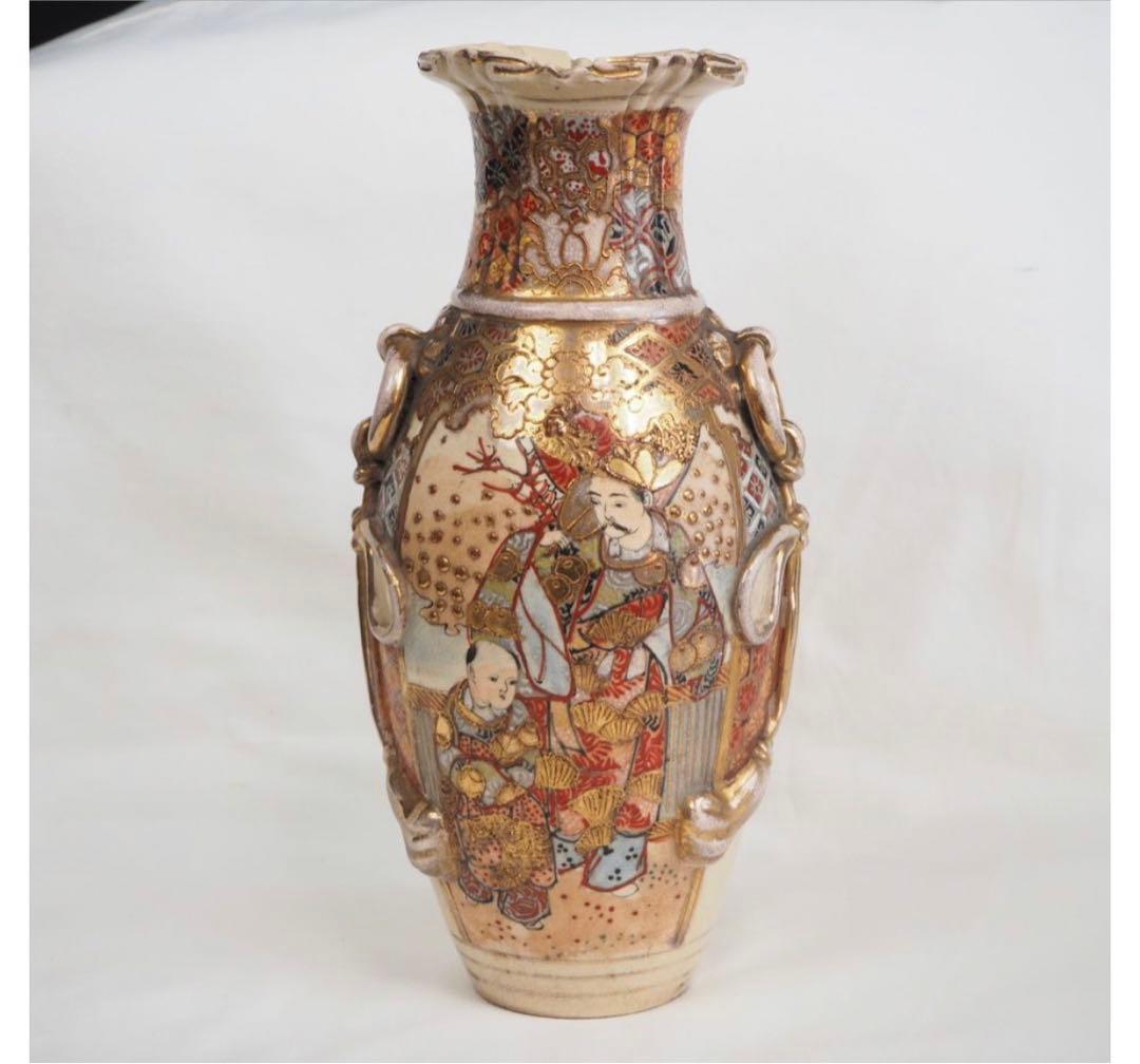 送料無料　明治期 薩摩焼 色絵金彩人物図花瓶
