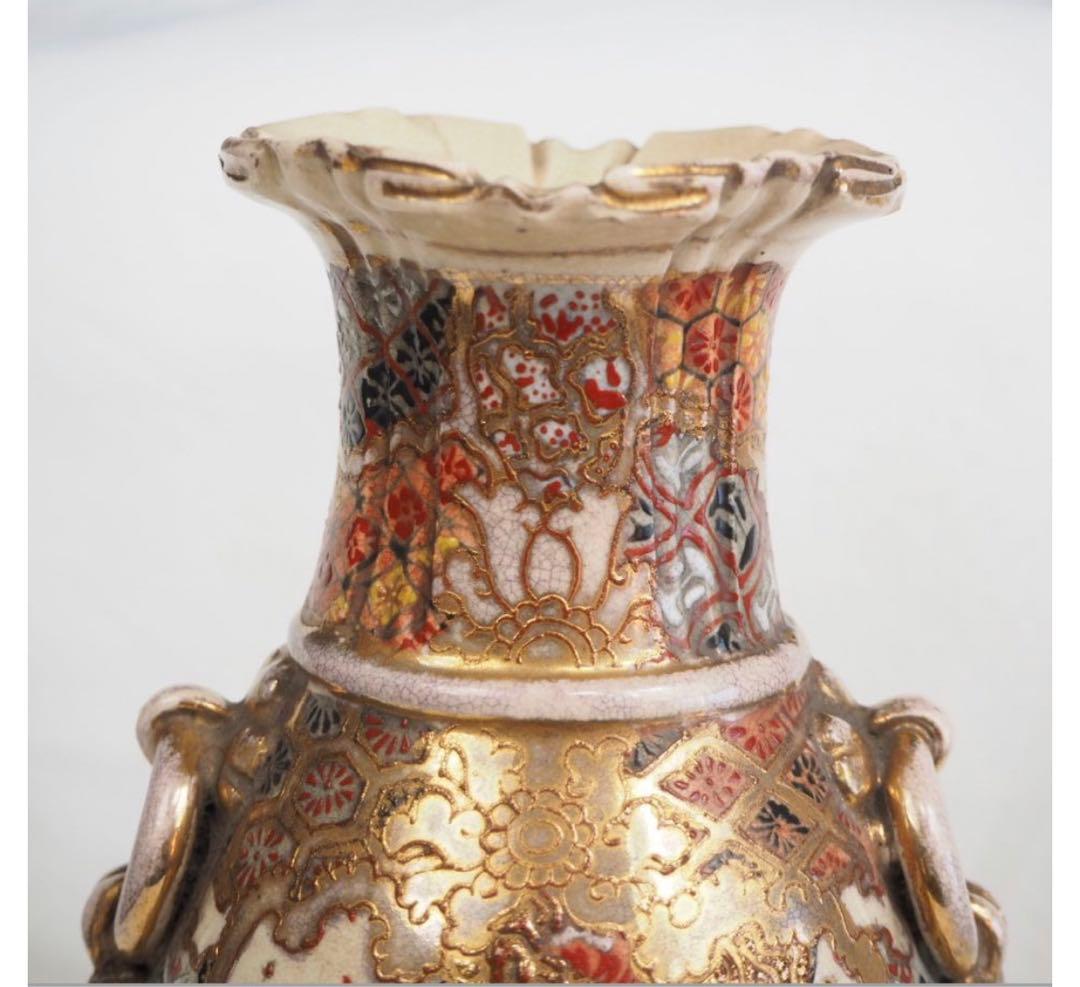 送料無料　明治期 薩摩焼 色絵金彩人物図花瓶