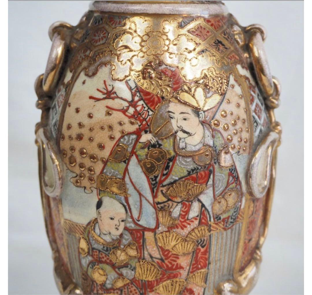送料無料　明治期 薩摩焼 色絵金彩人物図花瓶