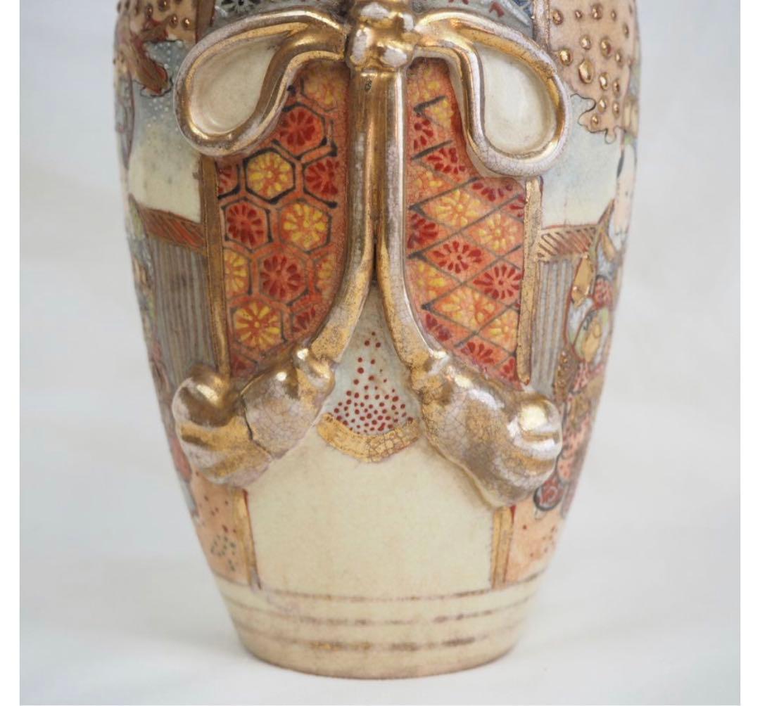 送料無料　明治期 薩摩焼 色絵金彩人物図花瓶