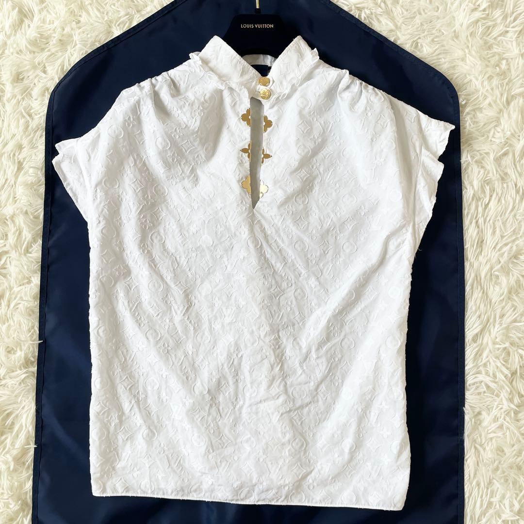 美品　ルイヴィトン　シャツ　モノグラム　総柄　金ボタン　ホワイト　S相当