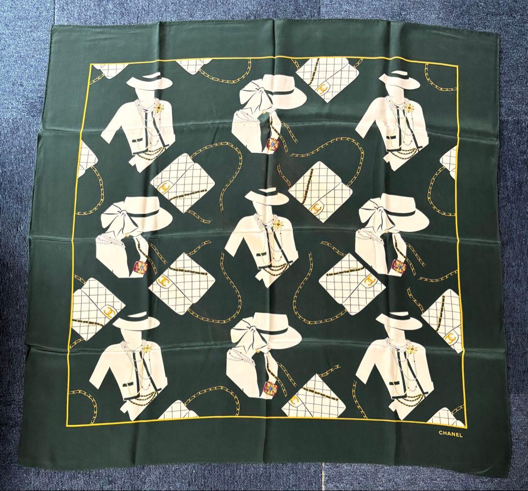 シャネル スカーフ 帽子 ジャケット バッグ柄 ヴィンテージ グリーン系