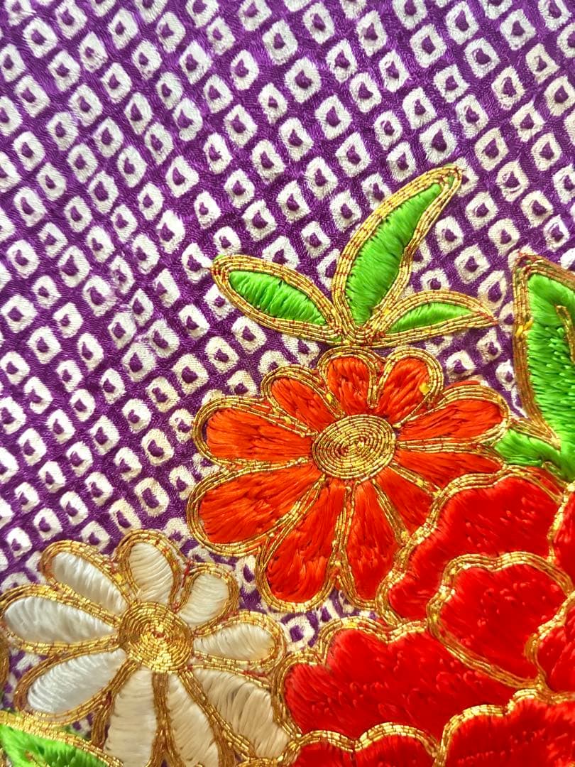 七五三 七歳女の子 着物 紫 総絞り　刺繍入り 着物セット