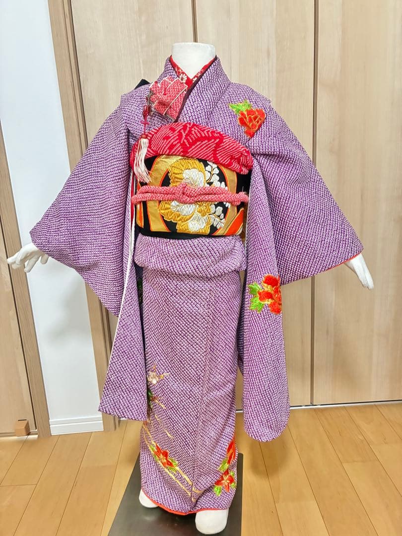 七五三 七歳女の子 着物 紫 総絞り　刺繍入り 着物セット