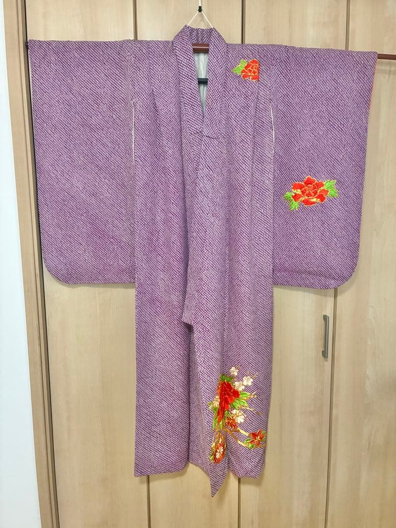七五三 七歳女の子 着物 紫 総絞り　刺繍入り 着物セット