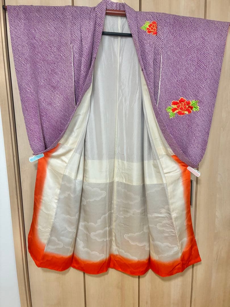 七五三 七歳女の子 着物 紫 総絞り　刺繍入り 着物セット