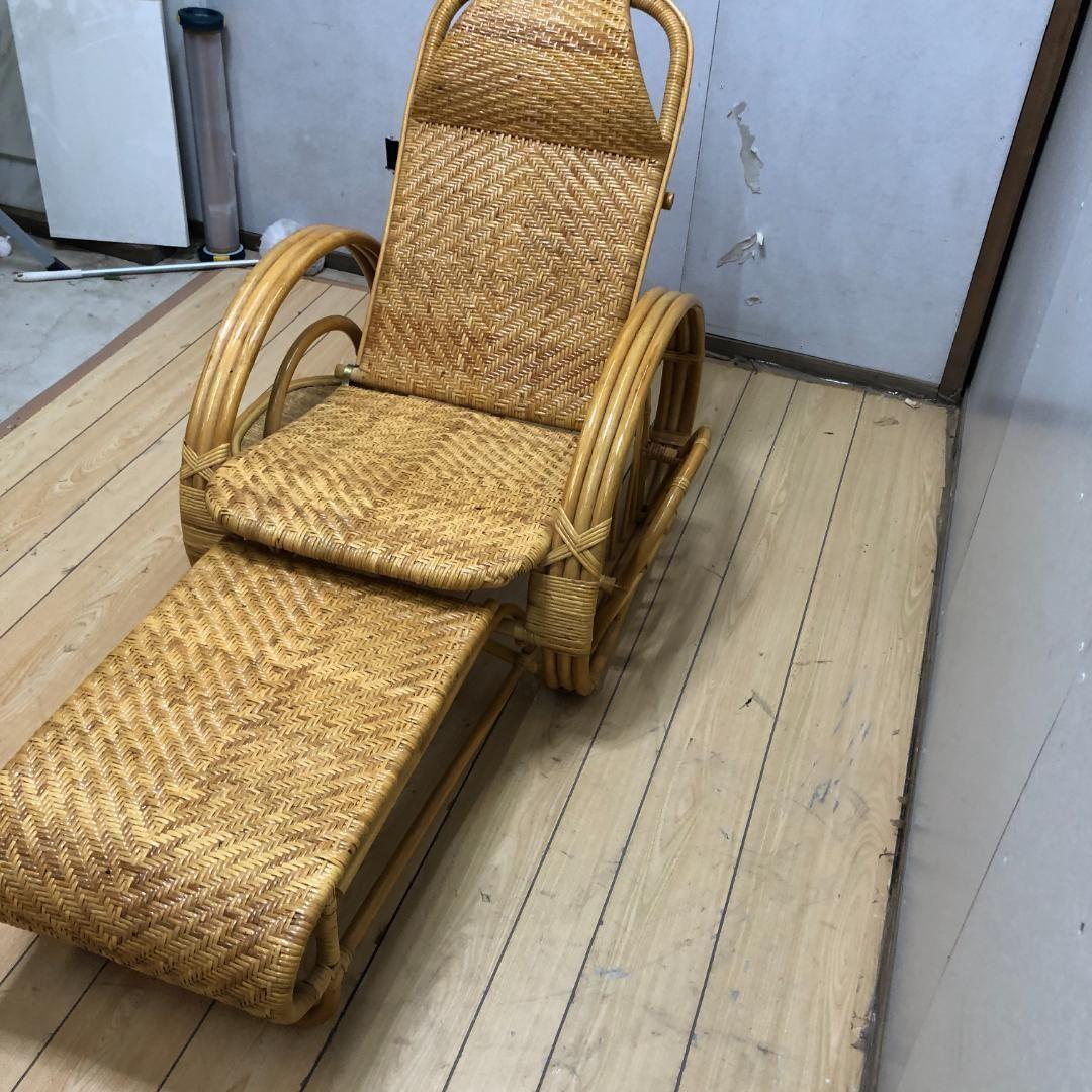 昭和レトロ ラタンリクライニングチェア オットマン付き 250717