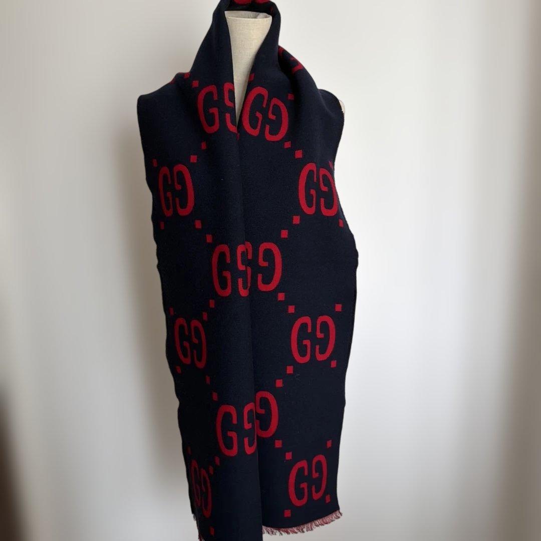 GUCCI GGロゴ ネイビー レッド マフラー