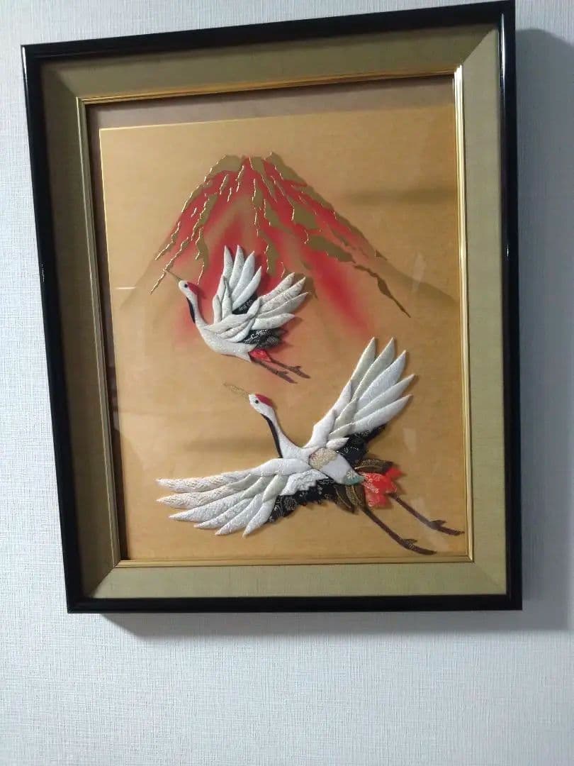 縁起物！ハンドメイド鶴と富士山のパッチワークアート