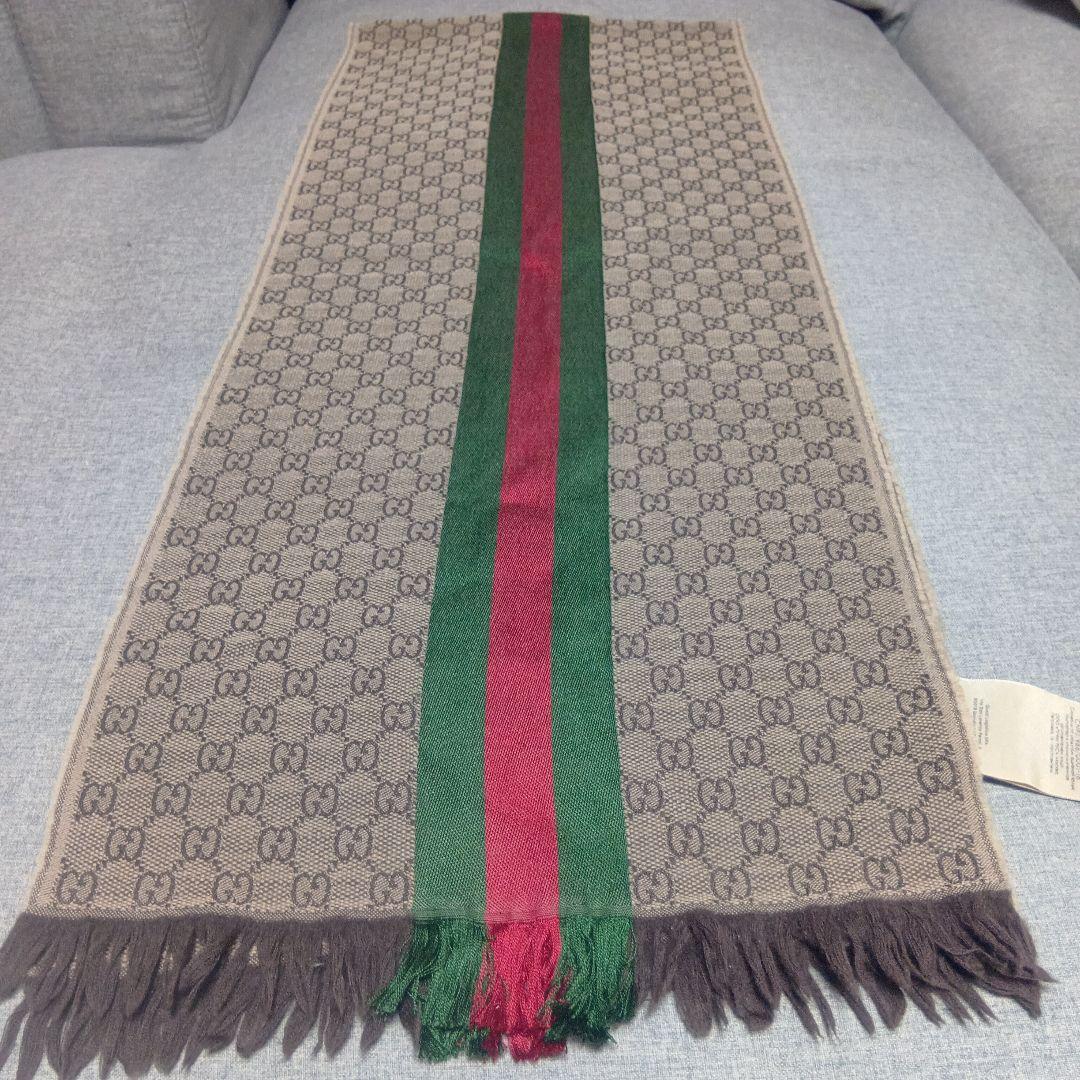 GUCCI (グッチ) GG総柄 シルク混 ウールマフラー ストール ブラウン