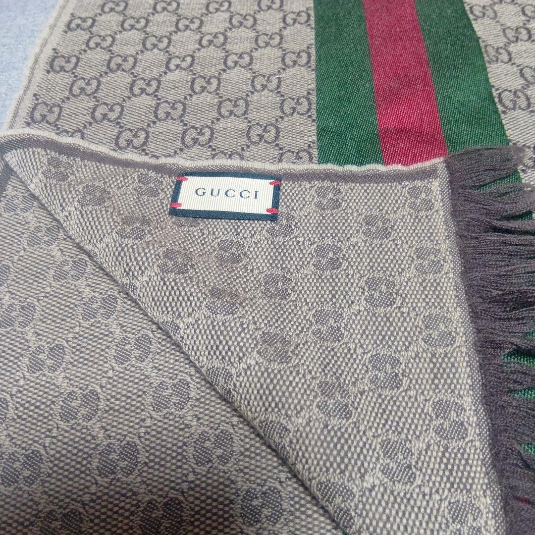 GUCCI (グッチ) GG総柄 シルク混 ウールマフラー ストール ブラウン