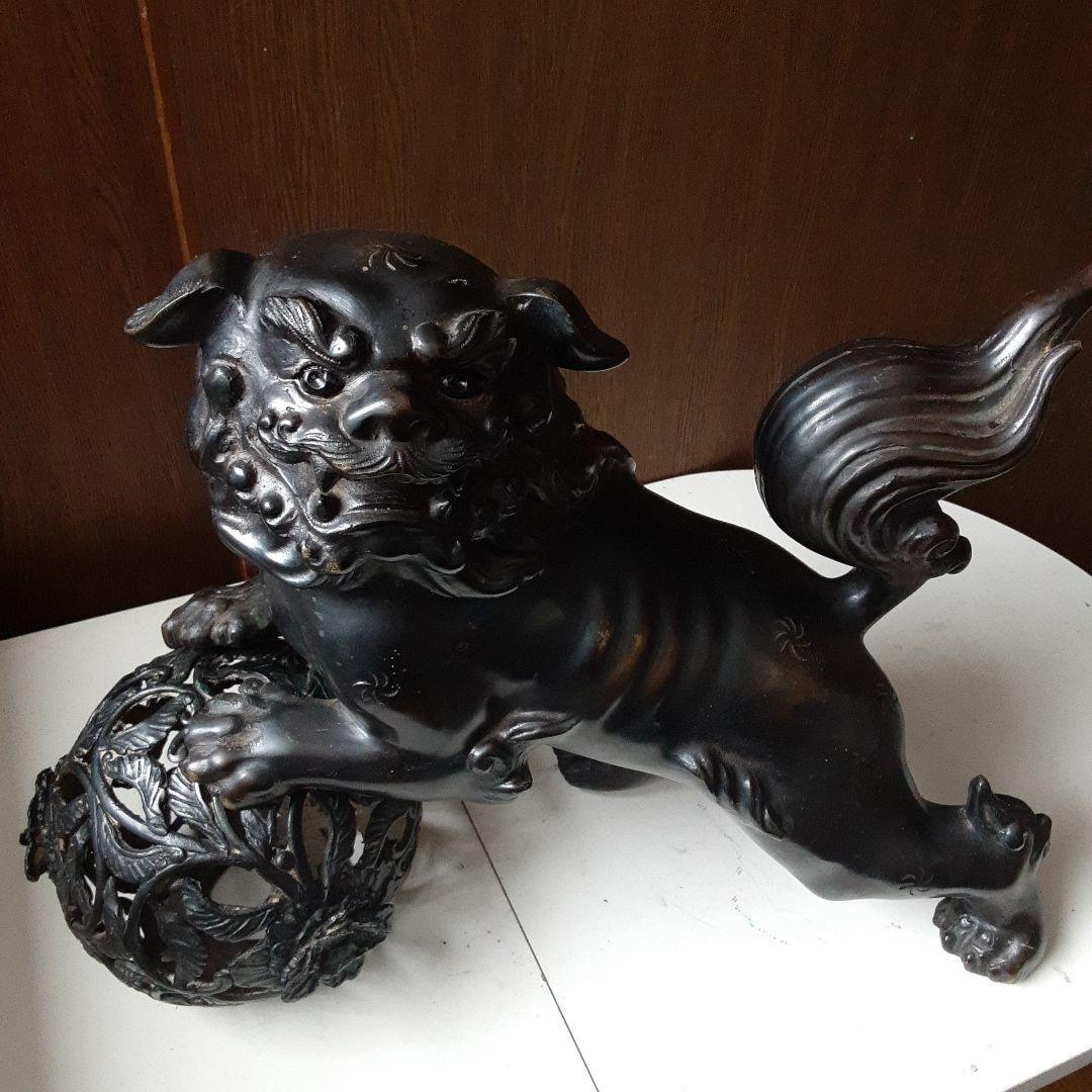 銅製　玉獅子　狛犬