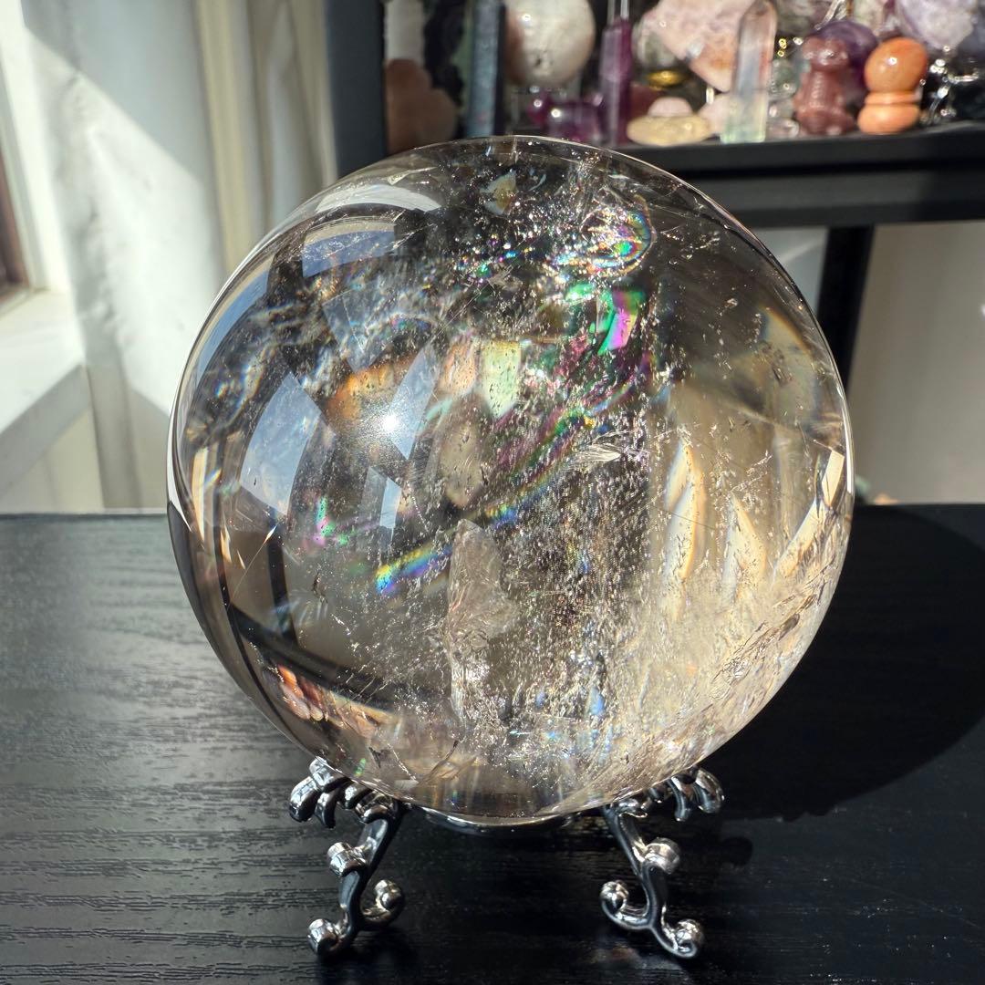 天然石ルチルクォーツ共生スモーキークォーツのスフィア　丸玉NO.100914