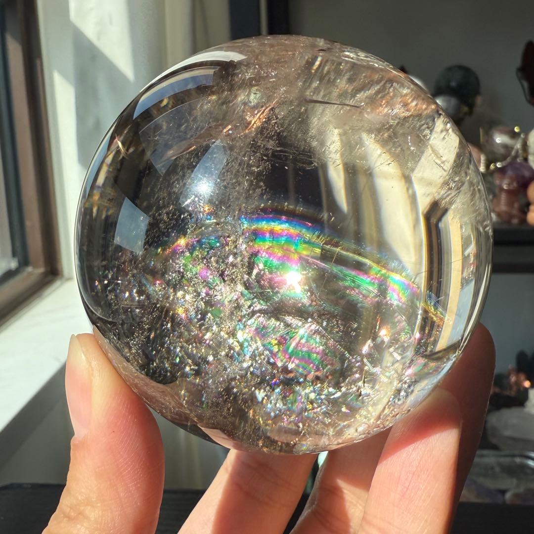天然石ルチルクォーツ共生スモーキークォーツのスフィア　丸玉NO.100914