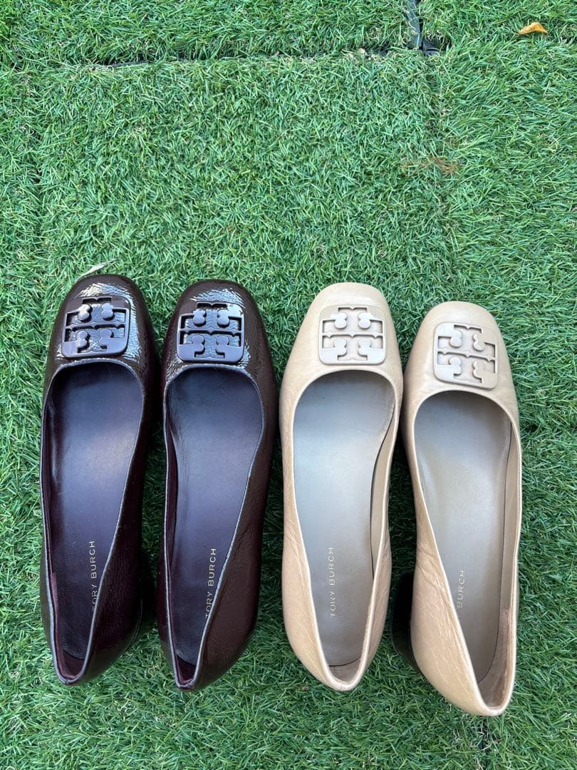 2足分Tory Burch トリバーチフラットパンプス ダークブラウン ベージュ