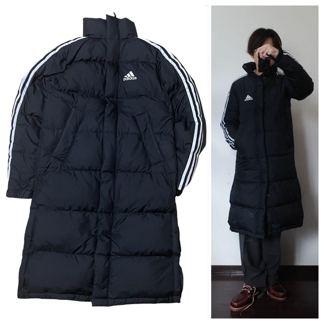 アディダスロングダウンベンチコート黒防寒サッカーSレディースジュニアメンズ