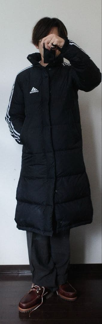 アディダスロングダウンベンチコート黒防寒サッカーSレディースジュニアメンズ