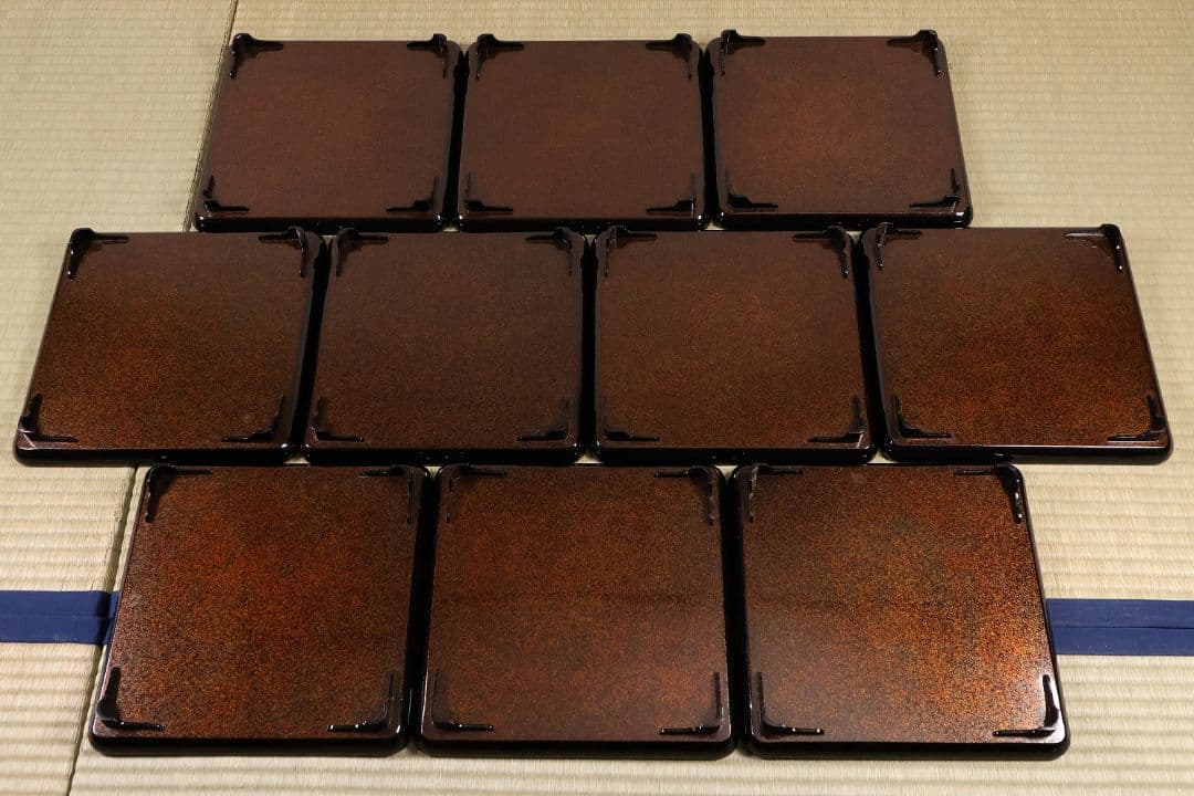 木製漆器 草花 絵変蒔絵 蝋色塗 吸物膳 十客 足付 四方膳 梨地【CM282】