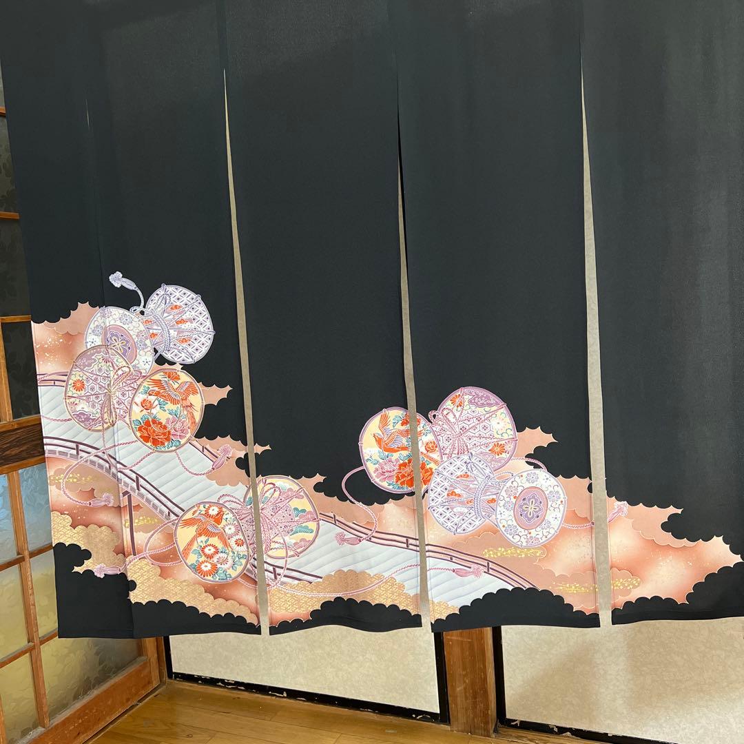 黒のれん 花柄 和風模様