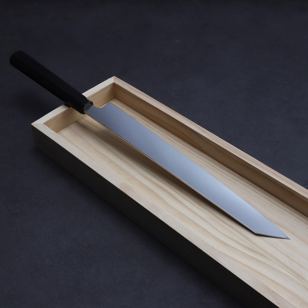 8752切付柳刃包丁9寸鏡面仕上げ刺身包丁 刃は究極の切れ味 黒檀黒水牛角八角柄