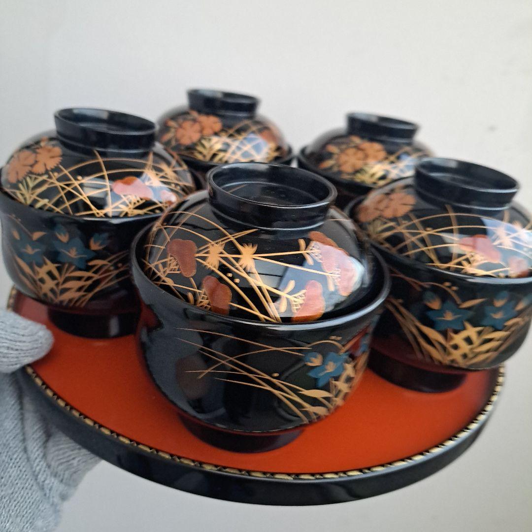 【輪島塗　秋草蒔絵　小吸物椀×5客】布着本堅地　長期保管品