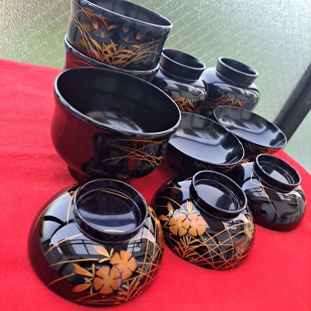 【輪島塗　秋草蒔絵　小吸物椀×5客】布着本堅地　長期保管品