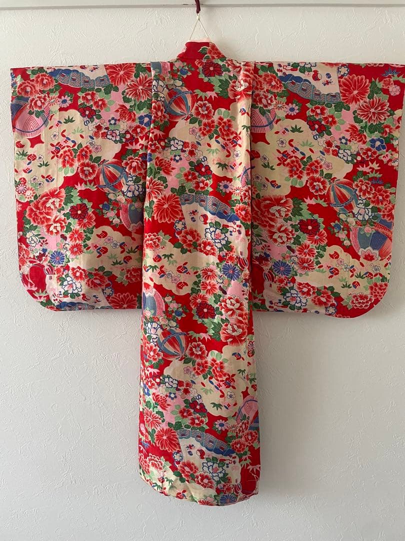 七五三　3歳　アンティークお着物セット　総絞りの被布コーデ　ハンドメイド　巾着