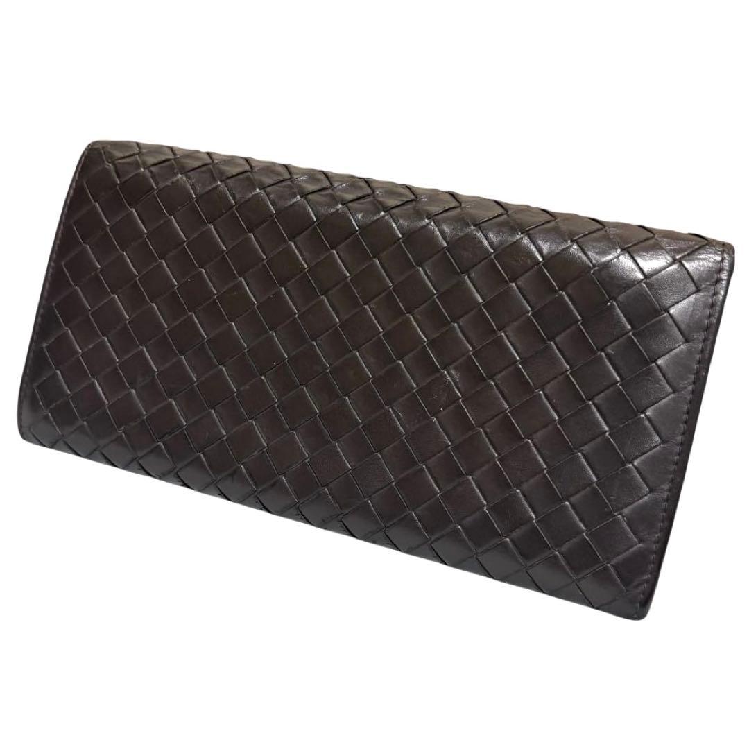 ボッテガヴェネタ　長財布　レザー　ダークブラウン　イントレチャート　フラップ