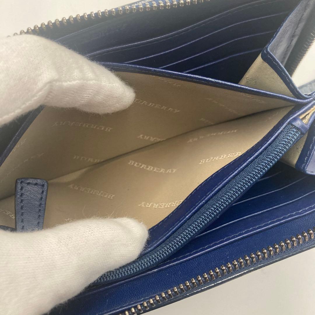 ✨極美品✨ バーバリー ラウンドジップ 長財布 レザー ネイビー チェック柄