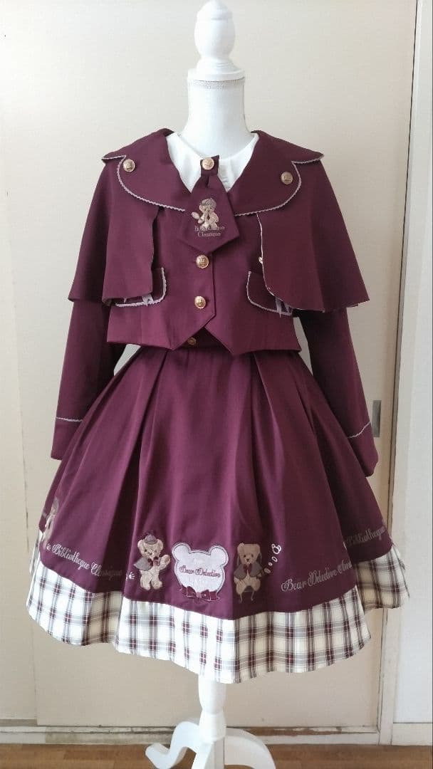 No.2866_アマベル_ボルドーくまちゃん刺繍裏地チェック3点セット