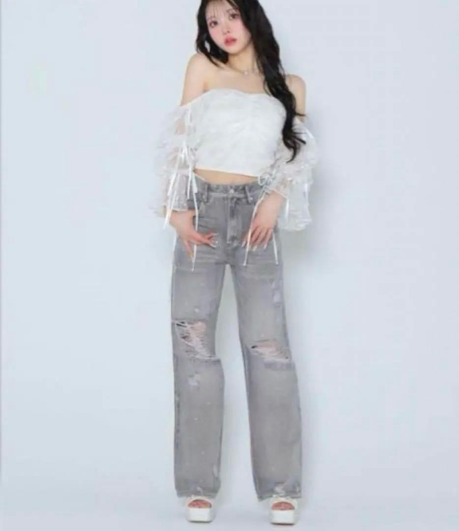 エムミーエメ　Side ribbon straight denim gray