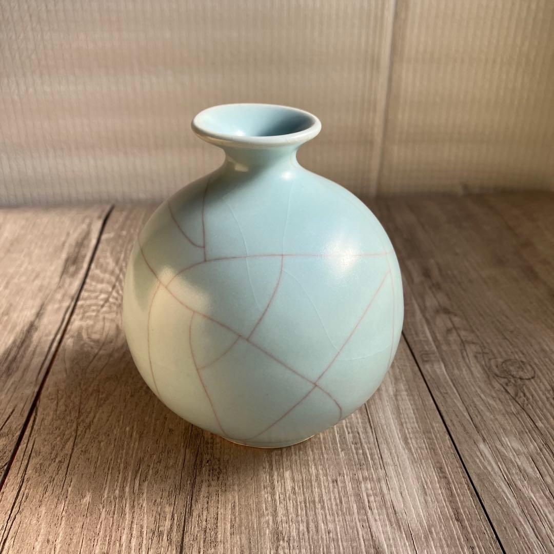 3F 【極美品】青磁 貫入 丸花入 妙心寺 推進 銘あり 桐箱入 茶道具 花瓶