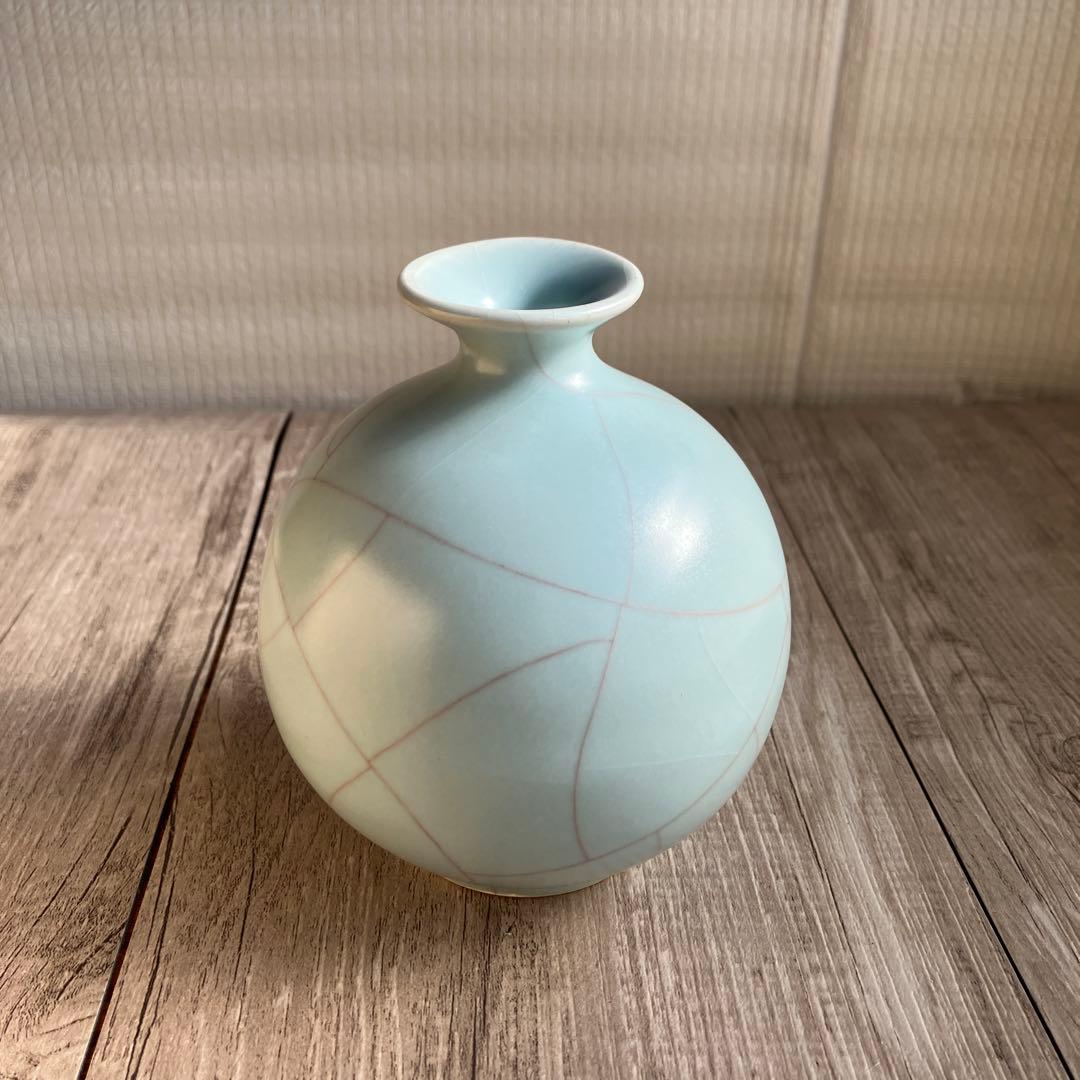 3F 【極美品】青磁 貫入 丸花入 妙心寺 推進 銘あり 桐箱入 茶道具 花瓶