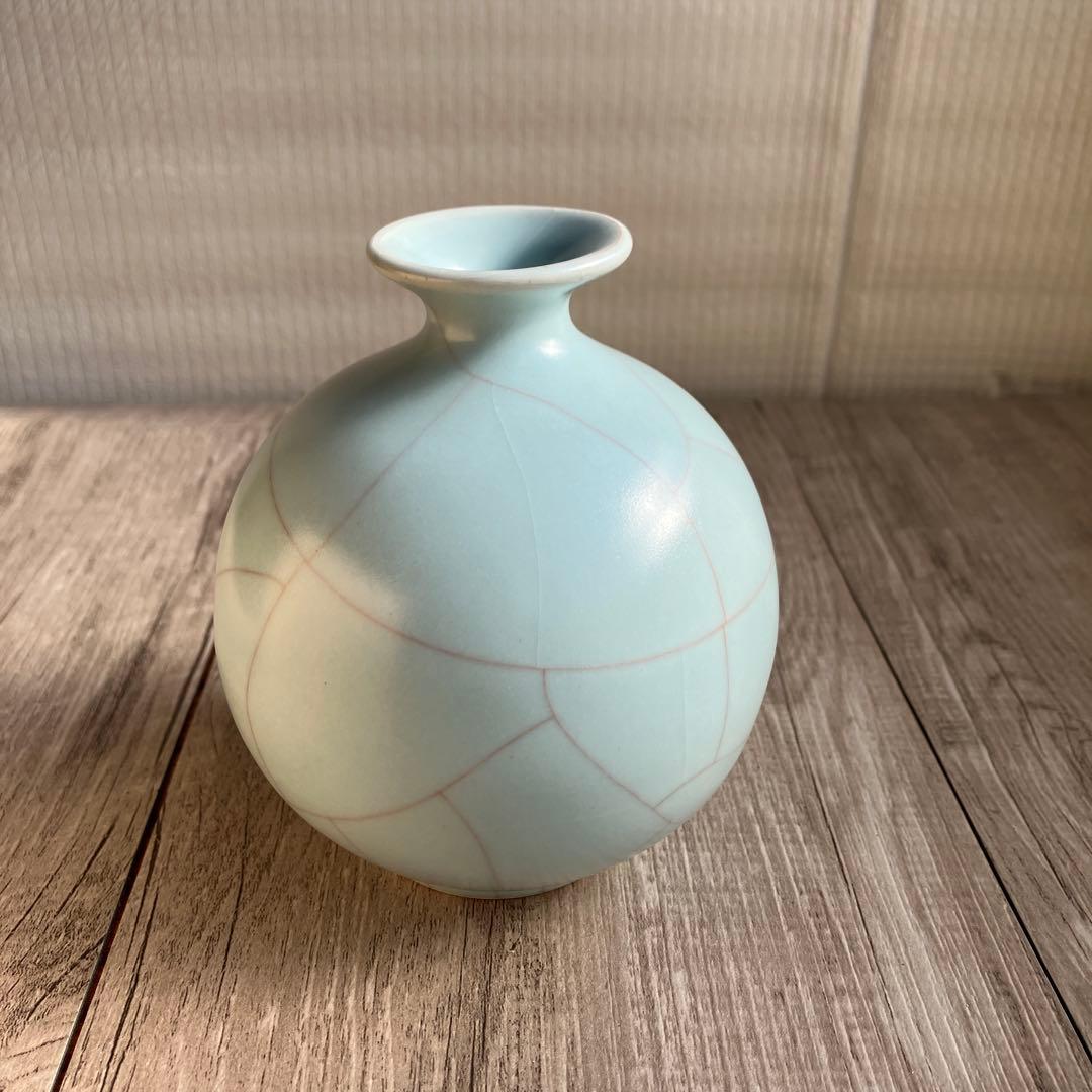 3F 【極美品】青磁 貫入 丸花入 妙心寺 推進 銘あり 桐箱入 茶道具 花瓶