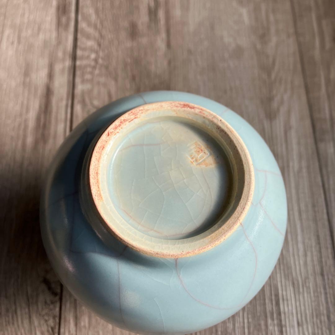 3F 【極美品】青磁 貫入 丸花入 妙心寺 推進 銘あり 桐箱入 茶道具 花瓶