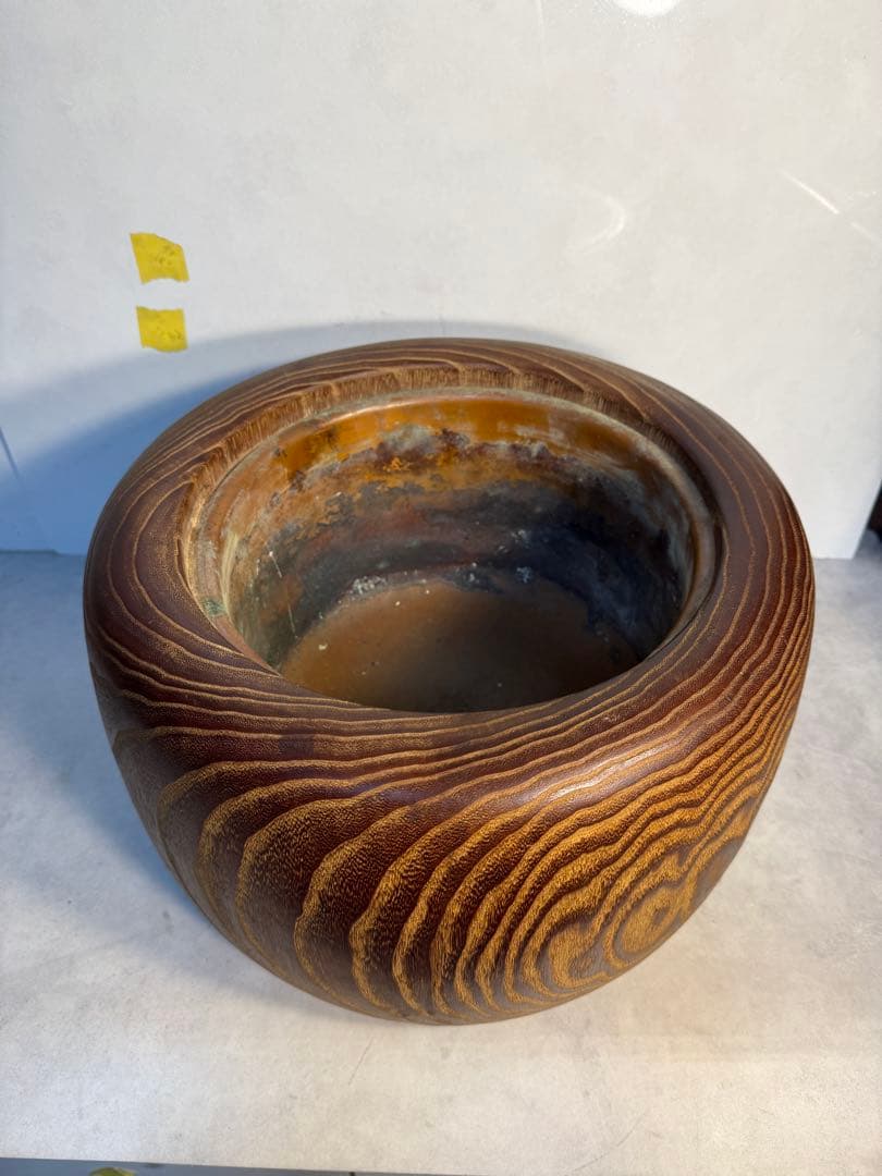 昭和初期　大胆な杢目が目を引く桐の火鉢　木胴銅張り　古民具　当時物　希少