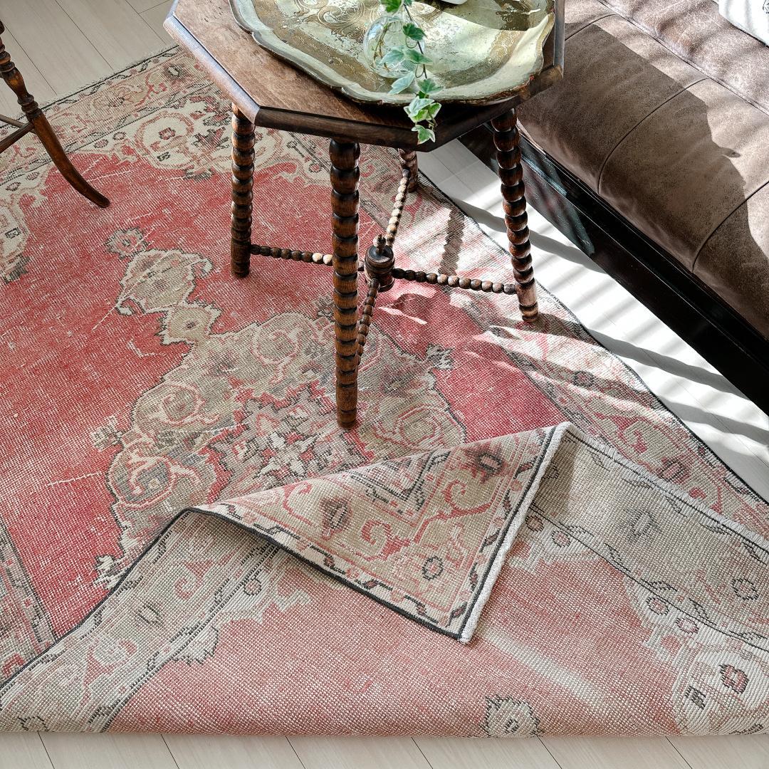 トルコヴィンテージラグ A91 レア コーラルピンク ベージュ ブルーグレー