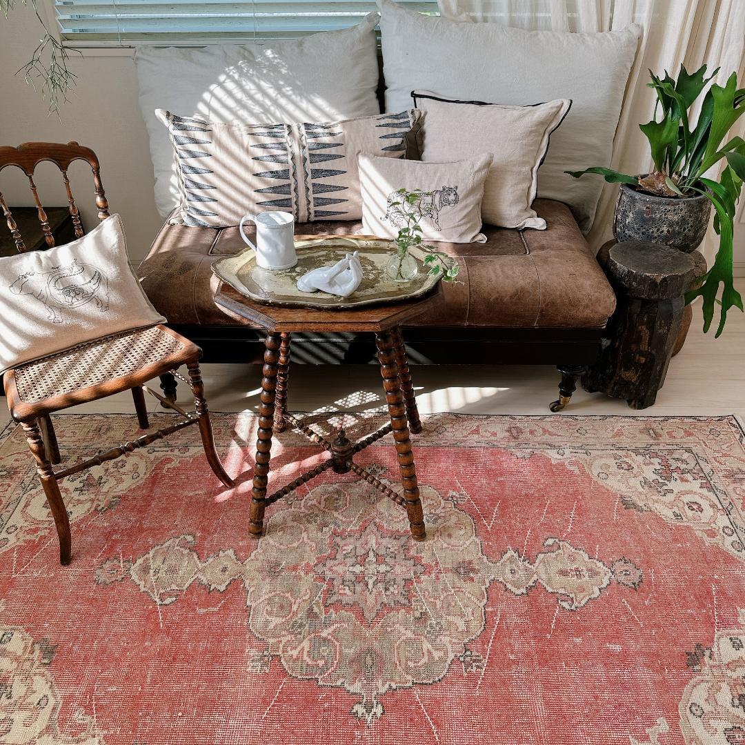 トルコヴィンテージラグ A91 レア コーラルピンク ベージュ ブルーグレー